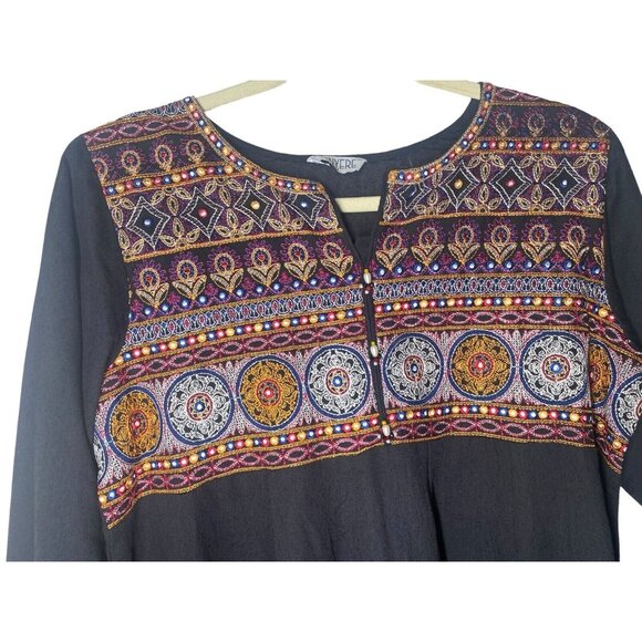 Chinyere Women’s Black Embroidered Knee Length Midi Dress Size Medium Aztec - Picture 4 of 12